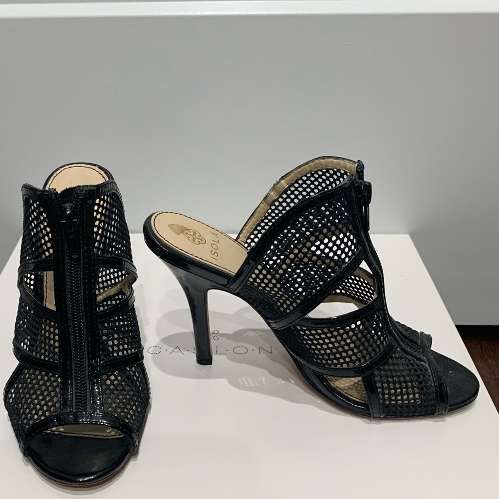 Isola black patent slip-on, open-toed shoes, size 6 1/2.